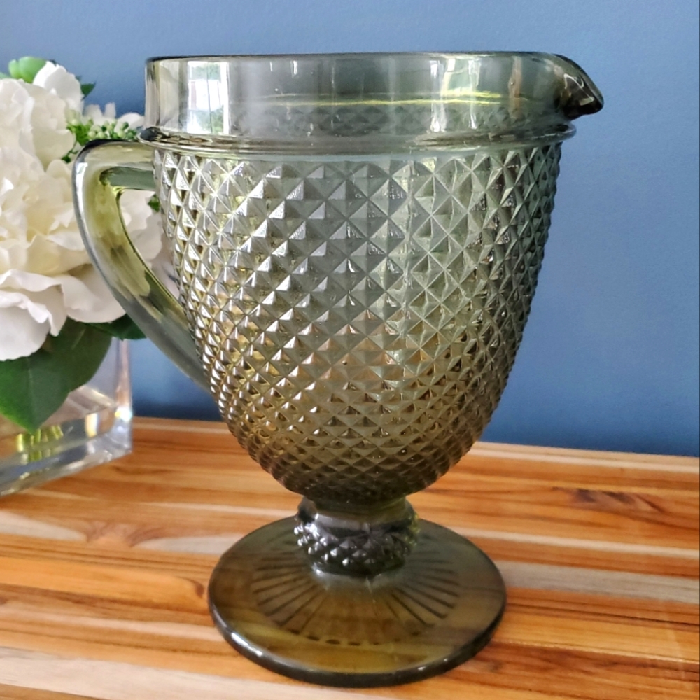 Vintage Olive Green Footed Pedestal Diamond Point Pattern Glass Pitcher Jug